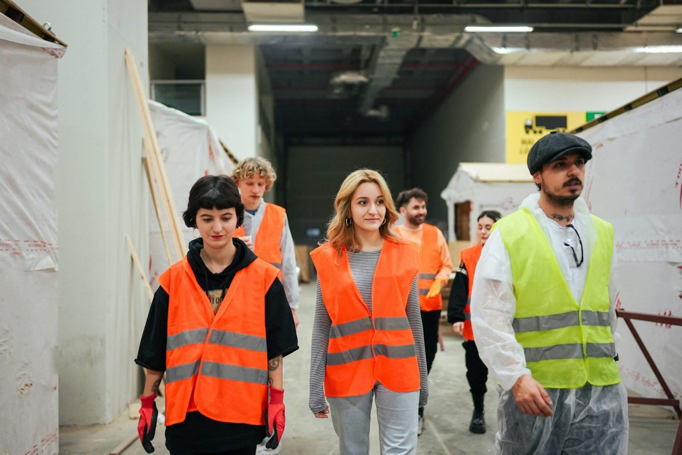Next generation at work Groep jonge mensen in veiligheidsvesten loopt door een bouwplaats met bouwmaterialen.